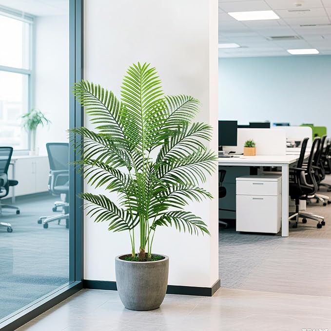 Artificial Fake Palm Tree 4FT Tropical Faux Palm Trees in Pot with 13 Trunks and Real Bark Design Areca Floor Plant Faux Palm Plant for Indoor Outdoor Home Decor