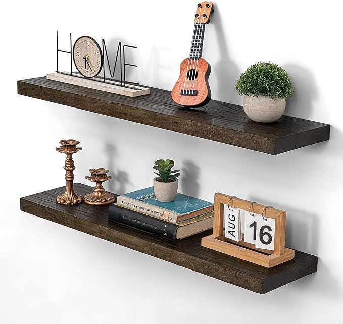 Rustic Floating Shelves for Home Decor, 32 Inch Long Wall Shelves Set of 2, Solid Elm Wood Floating Shelf for Wall, 8 Inch Deep Bookshelf for Storage & Display, 32 x 8 Bathroom Shelf, Walnut Color