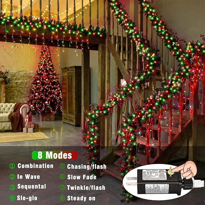 500 LED Christmas Lights Outdoor 165ft Extra Long Christmas String Lights 8 Modes Waterproof Plug in Twinkle Fairy Light for Bedroom Indoor Outside Home Party Decoration, Red&Green