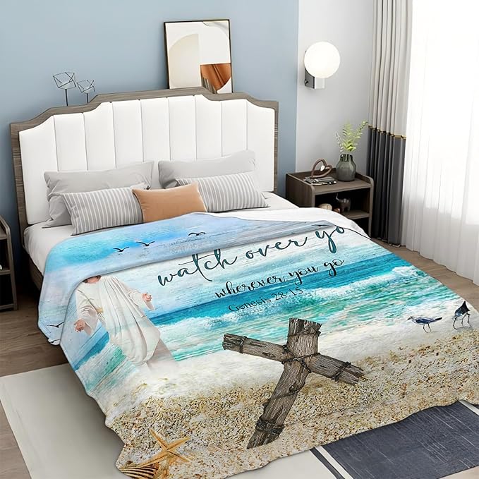 Tijuboni Christian Religious Jesus Throw Blanket Ocean Beach Gifts for Women Men Girls Boys Kids Adults Soft Flannel Fleece Blanket for Couch Sofa Bed Home Decor 50"x60"