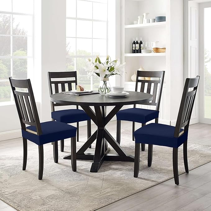 Smiry Stretch Jacquard Seat Covers for Dining Room Chairs Set of 4, Removable Washable Chair Seat Protector Slipcovers, No Rear Covers, Federal Blue