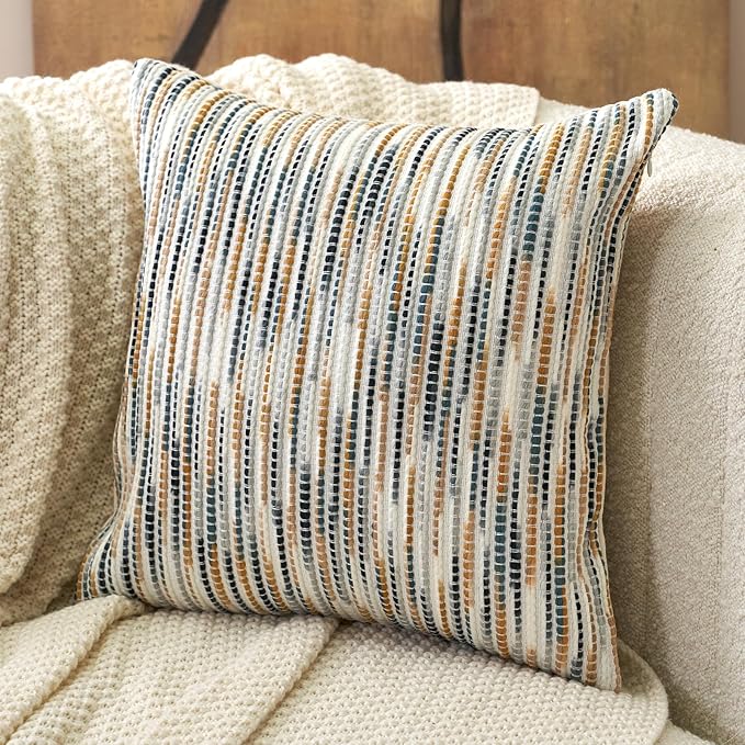 Aeckself Boho Striped Pillow Cover 18x18, Decorative Square Throw Pillow Cover Chenille Neutral Pillowcase for Couch Bedroom Living Room, Yellow Gray