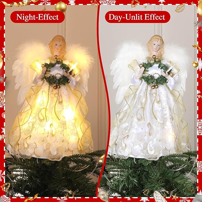 12.5" Angel Christmas Tree Topper with Lights, Lighted Angel Tree Topper with White Feather Wings and Garland, Remote Control, Timer & USB Powered for Indoor Holiday Decoration