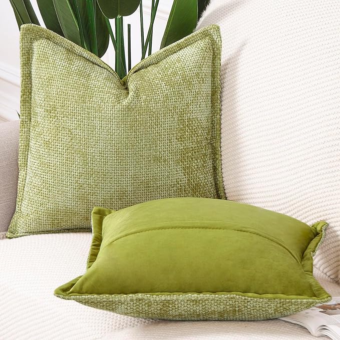 MADIZZ Chenille Velvet Throw Pillow Covers with Flange Set of 2 Super Soft Boho Textured Pillow Covers Decorative Throw Pillowcases Modern Farmhouse Home Decor for Sofa Bedroom Light Green 16x16 Inch