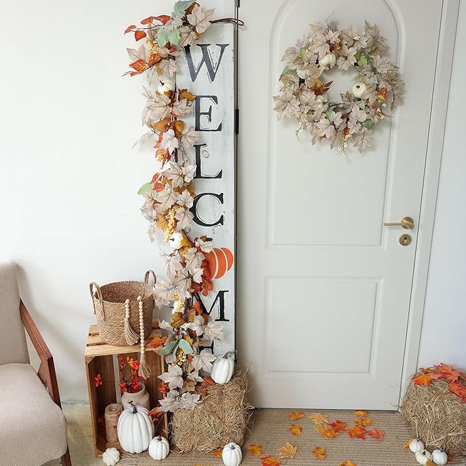 MIZII Fall Decor Artificial Maple Leaf Pumpkin Garland 6FT Fake Autumn Vines Garland Thanksgiving Halloween Harvest Decorations for Porch Mantle Table Centerpieces Fireplace Farmhouse (White PK)