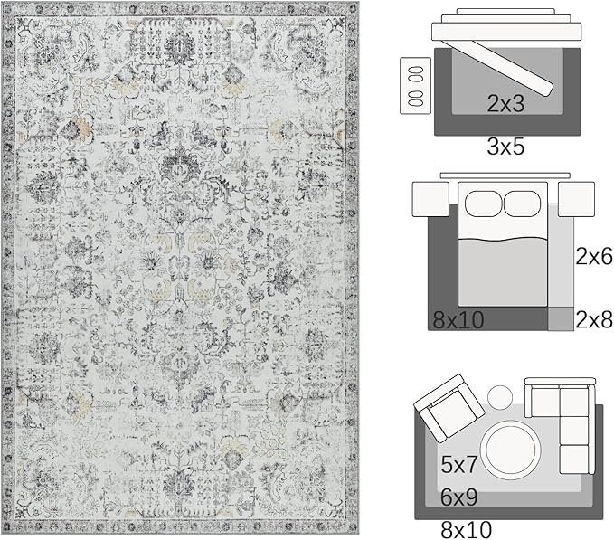 jinchan Kalen Area Rug 2x3 Washable Entryway Rug Soft Door Mat Vintage Indoor Entrance Thin Retro Distressed Carpet Grey Floral Country Boho Non Slip Doormat Bathroom Kitchen Bedroom