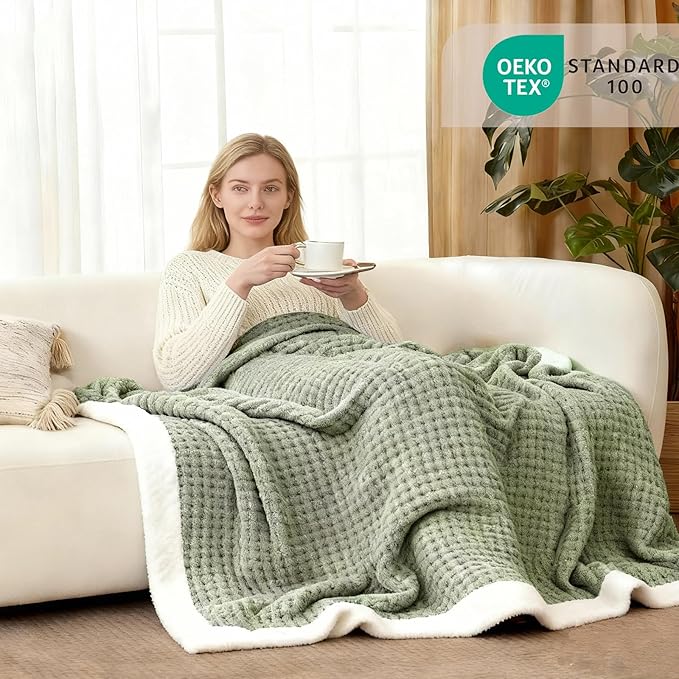 WRENSONGE Pineapple Stitch Throw Blanket, Sage Green Soft Cozy Fluffy Warm Hand Made Throw Blankets for Couch, Sofa, Chair, Bed, Camping, Picnic, Travel Lightweight Bed Blanket - 50"*60"