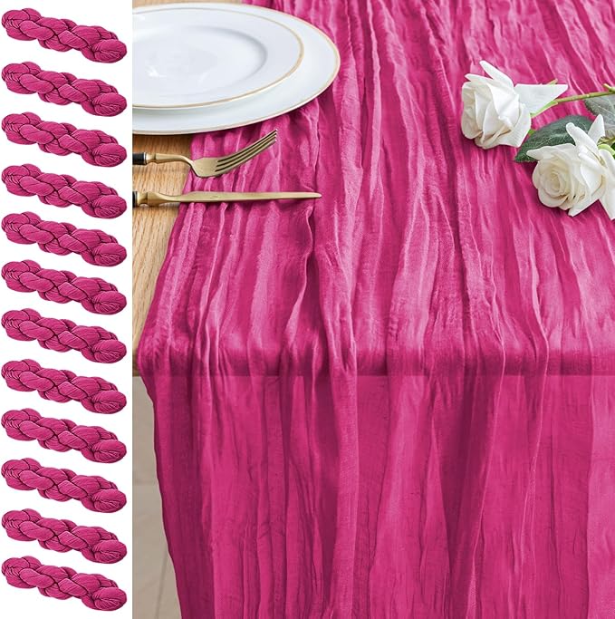 12PCS Table Runner Cheesecloth 10FT Fuchsia Boho Gauze Cheese Cloth Rustic Sheer Table Runners for Wedding Birthday Bridal Baby Shower Party Decoration