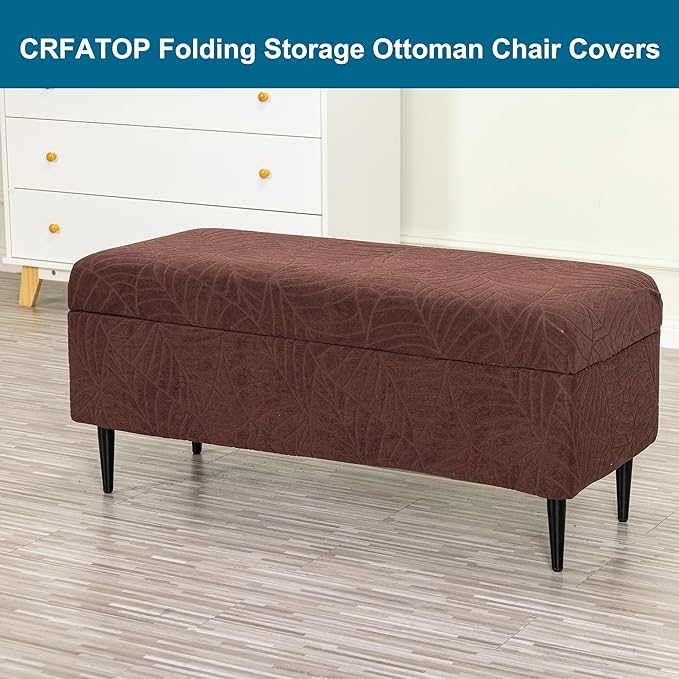 CRFATOP Waterproof Jacquard Ottoman Stool Cover Stretch Folding Storage Footstool Bench Slipcovers Upholstered Foot Chest Chair Covers Washable Entryway Furniture Protector with Elastic Bands,L,Coffee