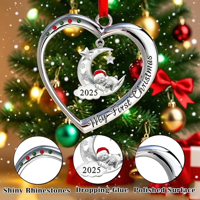 Baby's First Christmas Ornament 2025 My 1st Christmas Decorations 2025 Newborn Keepsake Gifts for Girl Boy Silver Heart with Hanging Bear Moon Star