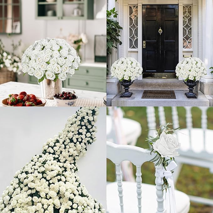 Artificial Flowers Roses Touch Fake Rose Bouquet Flower Stem for Wedding Centerpieces DIY Wreath Home Decorations Silk Roses Mothers Party Fake Outdoor Flowers Decor 19.6"(50PCS White)