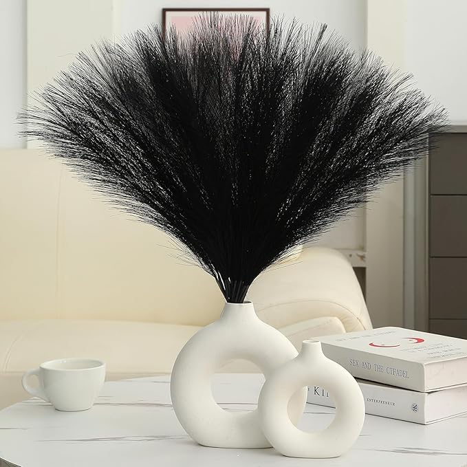 Faux Pampas Grass Decor 17.7 Inch 30pcs, Artificial Pampas Grass Fluffy Home Decor, Short Vase Room Decor pompous Grass Flower Arrangement for Boho Home Wedding Decoration (Black)