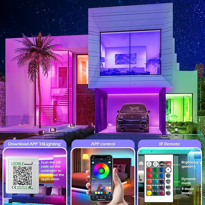 20FT Led Strip Lights,Long Smart Led Light Strips Music Sync 5050 RGB Color Changing Rope Lights,Bluetooth APP/IR Remote/Switch Box Control Led Lights for Bedroom,Home Decoration,Party,Festival