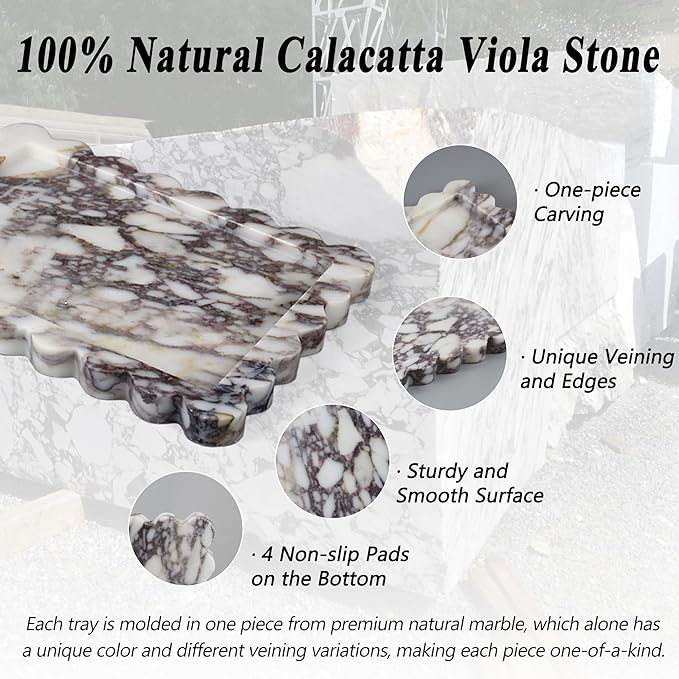 100% Real Natural Marble Tray, Genuine Calacatta Viola Scalloped Stone Tray, Luxury Decorative Trays for Bathroom Dresser, Vanity, Home, Kitchen Decor, Non-Resin/Ceramic, 10.6"x 8", Purple