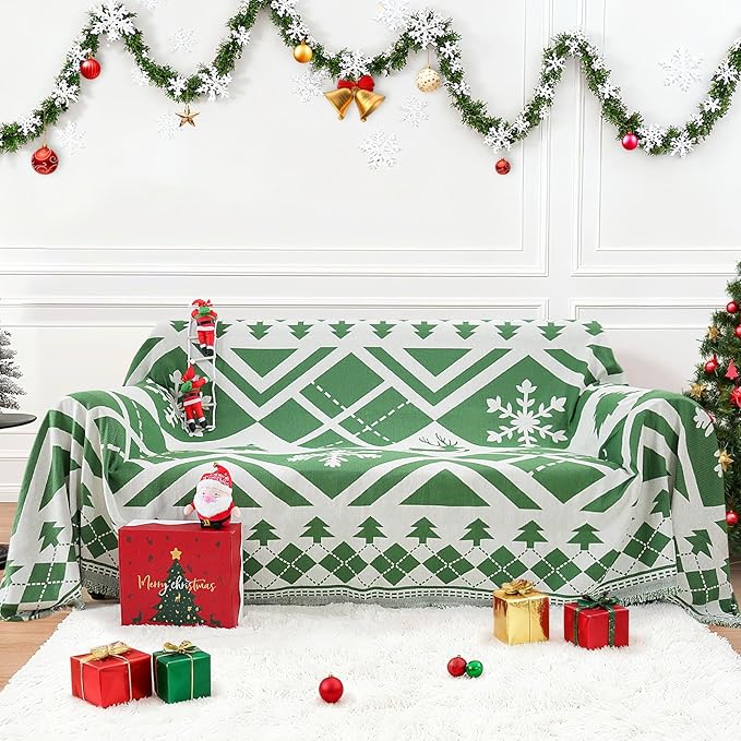 Christmas Couch Cover with Gift Box, Sofa Cover Christmas Tree and Snowflake Design, Sofa Cover for 3 Cushion Couch, Holiday Couch Cover Blanket, Xmas Home Room Festival Decoration, Xmas Gifts