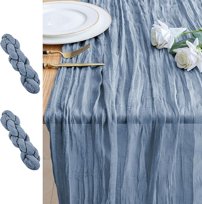 2PCS Table Runner Cheesecloth 10FT Dusty Blue Boho Gauze Cheese Cloth Rustic Sheer Table Runners for Wedding Bridal Baby Shower Party Decoration