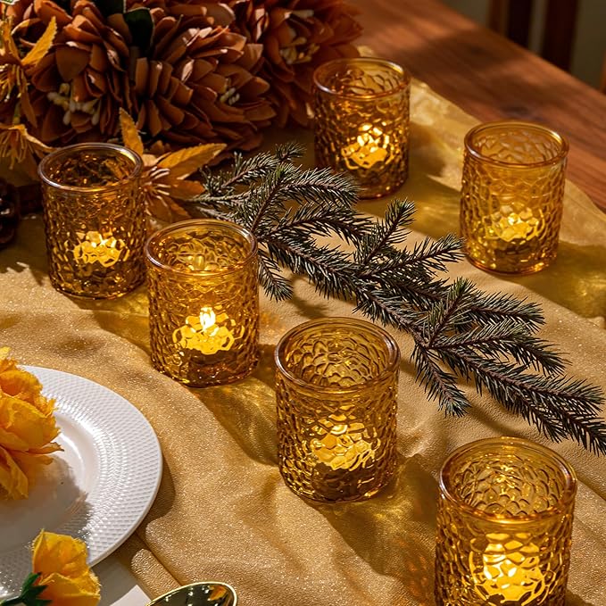 24-Piece Amber Glass Votive Candle Holders Set – Tealight Candle Holder Glass Bulk with 12 Round & 12 Hammered Textured Cups, Amber Votive Candle Holders for Weddings, Parties, Home