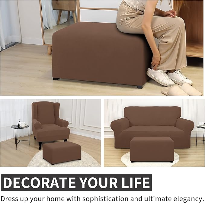 Easy-Going 100% Dual Waterproof Stretch Ottoman Cover Rectangle Folding Storage Stool Furniture Protector Soft Slipcover for Living Room with Elastic Bottom (Large, Brown)
