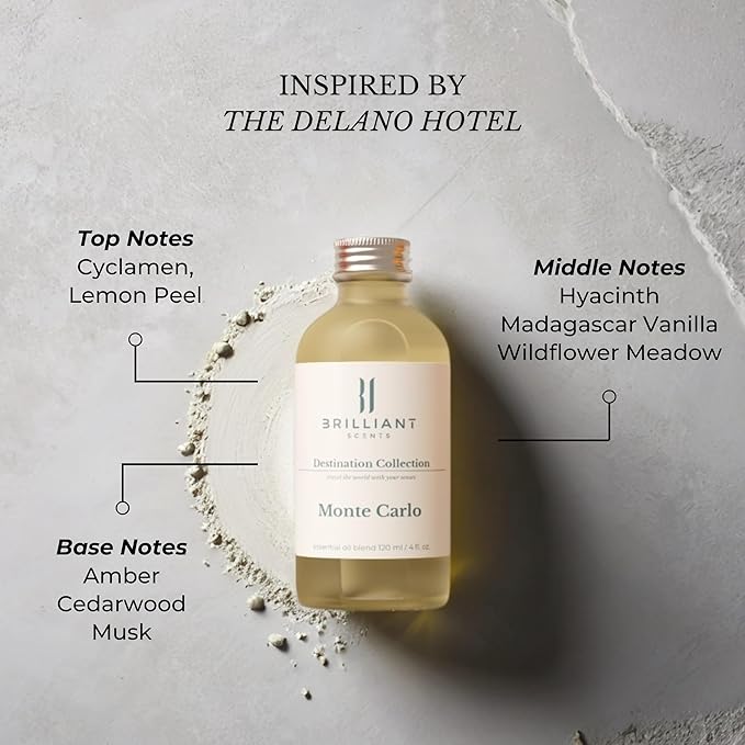 Brilliant Scents Monte Carlo Fragrance Oil 120ml - Premium Diffuser Oil for Home, Office, Hotels - Long Lasting, Plant-Based, Meets IFRA Standards, USA-Made - Jasmine, Lemongrass, Green Tea