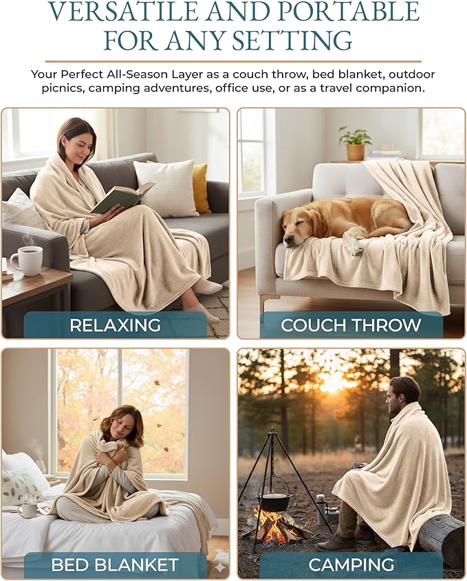 Casa Platino Twin Blanket – Flannel Fleece Beige Throw 60x80 – Lightweight & Cozy Blanket for Bed or Sofa – Elegant Neutral Blanket for All Seasons