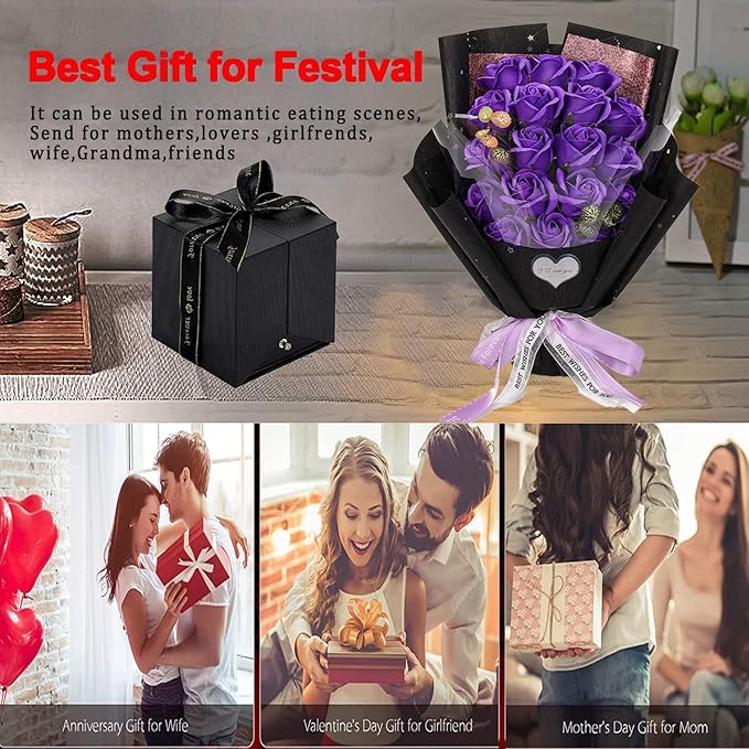 EIGHTOWN Roses Bouquet Artificial Flower - Preserved Purple Rose Flowers with Love Necklace for Her - Unique Gifts Valentine's Day, Mother's Day, Thanksgiving, Birthday, Anniversary
