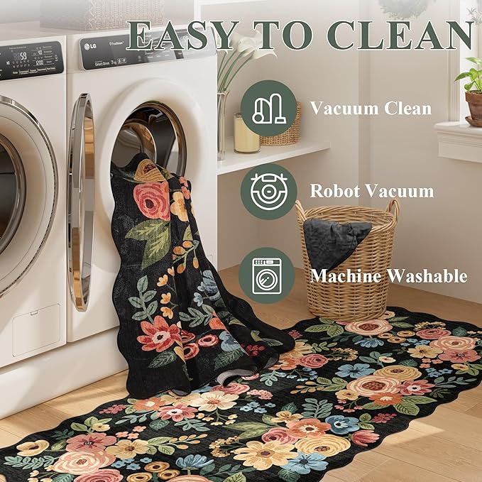 DUKINO 2x6 Runner Rug for Hallway, Washable Kitchen Rug with Non Slip Backing & Non-Shediing, Soft Low Pile Floral Design Runner for Bedroom, Kithchen, Living Room, Laundry, Bathroom, Black