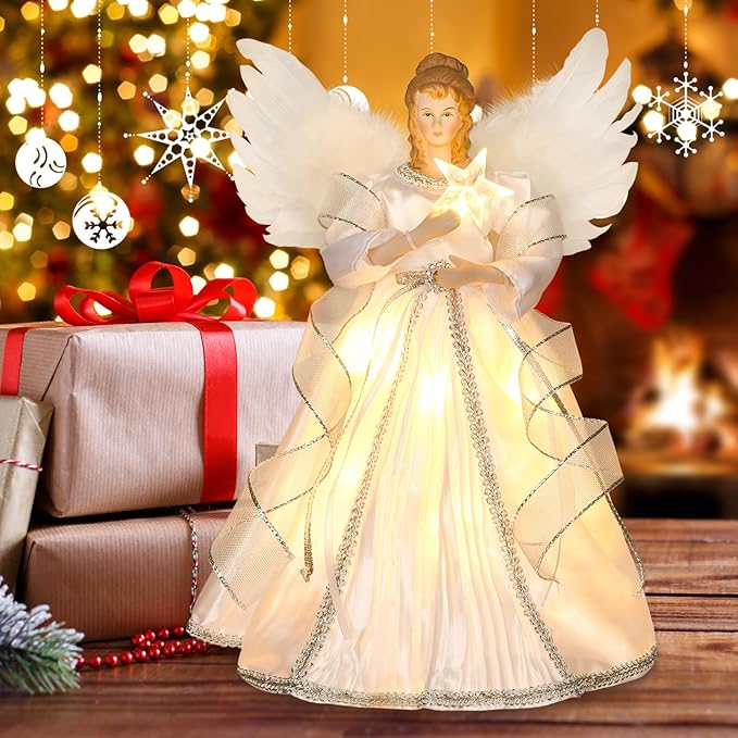 HMASYO Christmas Tree Topper Angel with Timer Lights, 12" Angel Tree Toppers with White Feather Wings, Star Light, Remote Control and USB Power Xmas Treetop Decor for Indoor Office Holiday Party