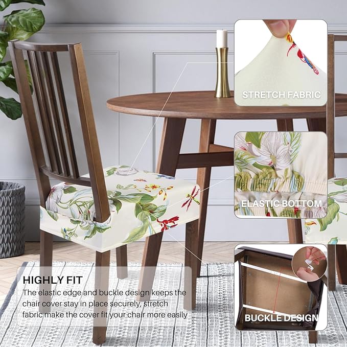 SearchI Stretch Dining Chair Seat Covers Set of 6, Soft Removable Washable Seat Covers for Dining Chairs, Dining Room Seat Cover Slipcover Protector (Rear-Covered, Beige Flower)