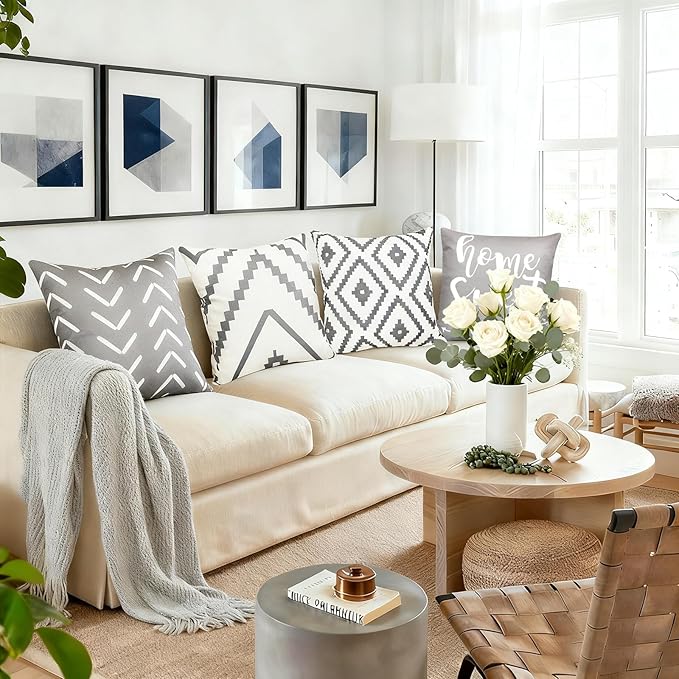 Decorative Throw Pillow Covers 16x16 inch Set of 4 Gray Pillow Covers for Couch Sofa Bed Living Room,Farmhouse Outdoor Throw Pillow Cover,Modern Geometric Linen Square Throw Pillow Case,Grey