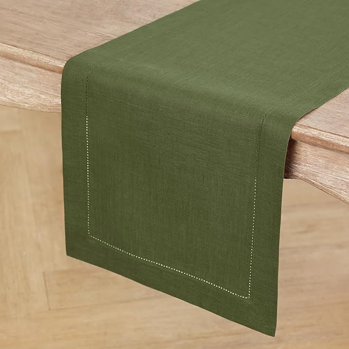 Solino Home Linen Olive Table Runner 132 Inches Long - 100% Pure Linen Extra Long Table Runner 14 x 132 Inch for St Patricks Day - Classic Hemstitch