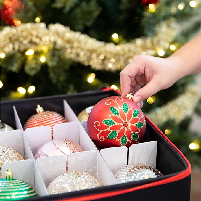 Christmas Ornament Storage Container with Dividers - Box Stores Up to 54 Ornaments, Zippered, Convenient, Adjustable, Large Organizer Bin to Protect Holiday Décor, Fits Most Standard Size, Black