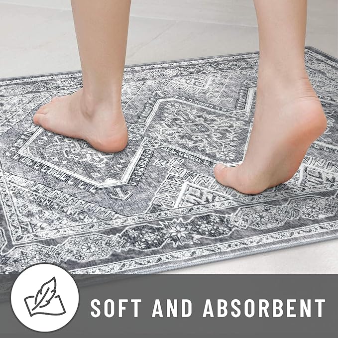 KUTA Oriental Washable Runner Rug Grey, 2x10 Non-Slip Vintage Hallway Kitchen Rugs Ultra Soft Printed Distressed Tribal Floor Carpet Runners for Bedroom Living Room Playroom
