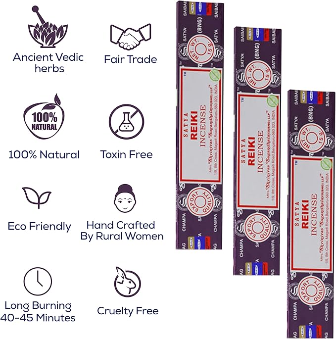 Satya Reiki Incense Sticks, Satya Bng (Bangalore) Insenses 15gmx3 Pack with Raajsee Incense Holder Bundle, Satya Nagchampa Natural Incense