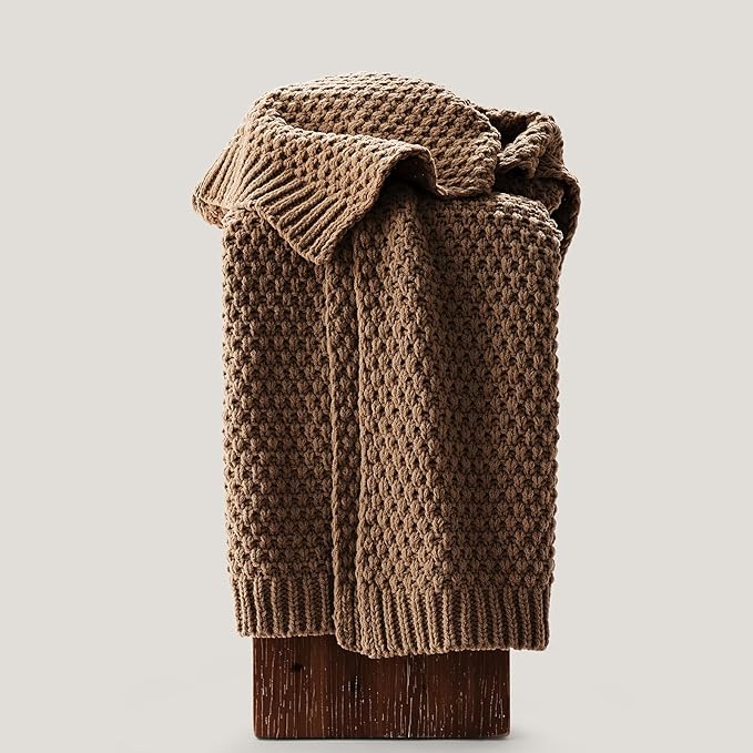 EVERGRACEHOME Chunky Chenille Knit Throw Blanket for Couch, Soft Luxurious Moss Stitch Blankets for Bed, Cozy Decorative Farmhouse Knitted Throws for Sofa, Camel Brown, 60" x 80"