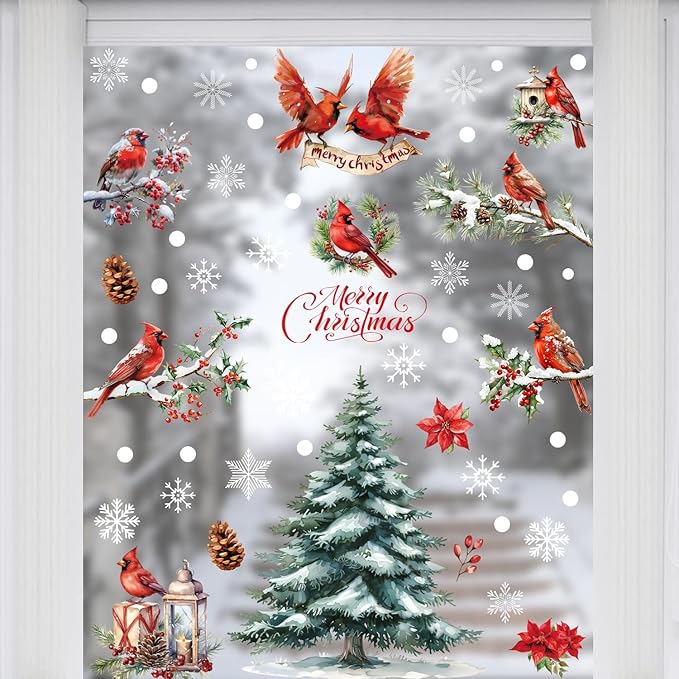 Christmas Winter Birds Window Clings 9 Sheets, Xmas Red Cardinal Pine Tree Static Window Stickers Decals Decorations for 2026 New Year Christmas Holiday Party Home Glass Windows Door Decor