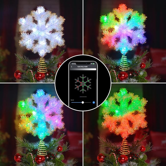 Smart Snowflake Christmas Tree Topper, 8 Inch Rainbow Lacquer Finish with RGB Color Changing, Static & Dynamic Modes, 12 LEDs, USB Powered for Xmas Tree Decorations