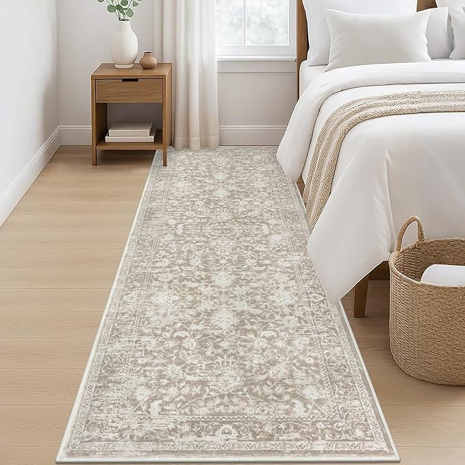 KILOCOCO Hallway Runner 3x8 Rug Runner Printed Vintage Floral Washable Kitchen Runners Non-Slip Rubber Backed Runners for Hallways Laundry Room Distressed Boho Rugs for Entryway Bedroom, Beige