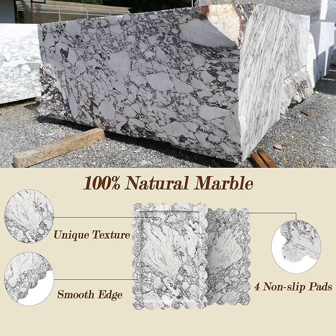 Genuine Scalloped Marble Tray, Real Natural Marble Stone Tray, Luxury Decorative Trays for Bathroom, Dresser, Vanity, Kitchen, Home Decor, 10.6" x 8", Calacatta Gray