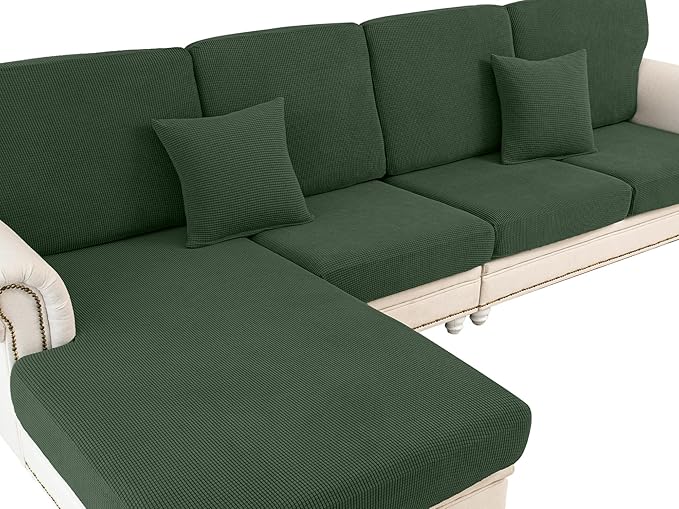 Couch Cushion Cover Chaise Lounge Cover Washable Separate Seat Chaise Couch Cover Stretch Sectional Sofa Slipcover(1 Piece for Chaise or Sofa 3-Seater, Green)