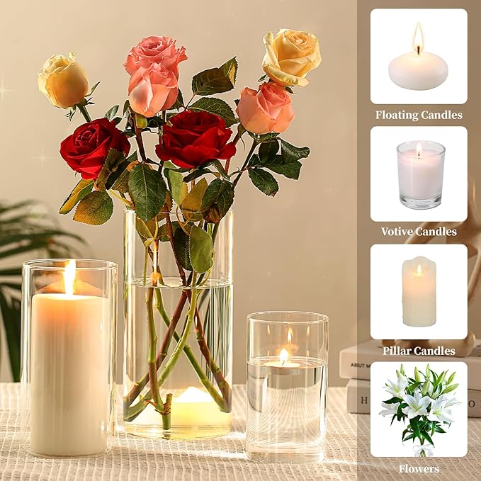 Hurricand Candle Holder 6 PCS, Glass Pillar Candle Holder, Clear Glass Cylinder Candleholder Glass Cylinder Vase for Centerpieces Wedding Party Decoration