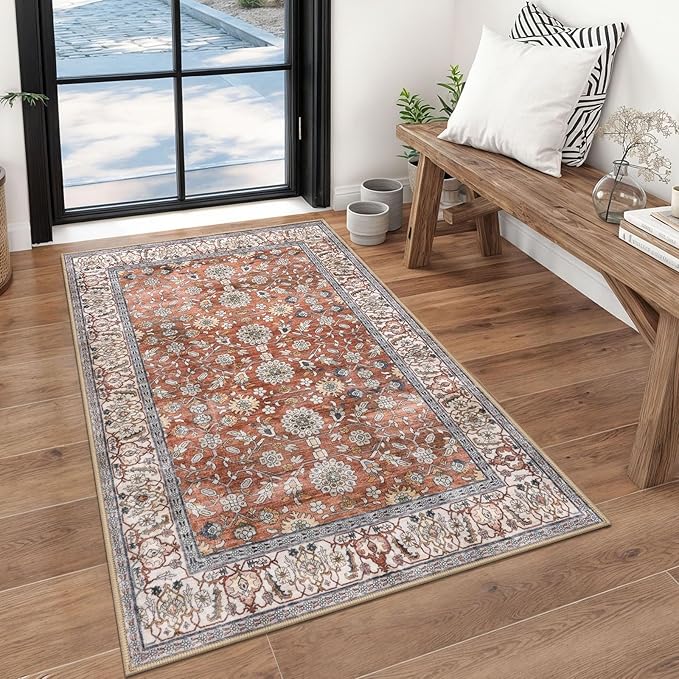 KUTA 3x5 Rugs for Entryway, Vintage Floral Area Rug Washable Non-Slip Terracotta Ultra Thin Soft Printed Distressed Entry Low-Pile Throw Carpet for Bedroom Nursery Living Room