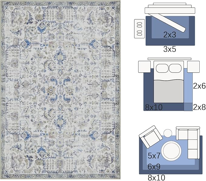 jinchan Kalen Runner Rug 3x7 Washable Area Rug Soft Indoor Floor Cover Thin Retro Distressed Blue Multi Carpet Floral Print Country Boho Non Slip for Bathroom Kitchen Bedroom Living Room