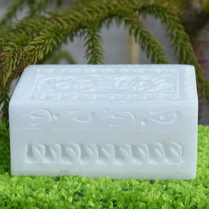 Vintage Onyx Marble Alabaster lid Hinged Footed Trinket Jewelry Box 3x4 inch - Decorative Treasure Box With Engraved Art, Trinket Box | Mini Storage Chest For Jewelry Memento Holder For Miscellaneous