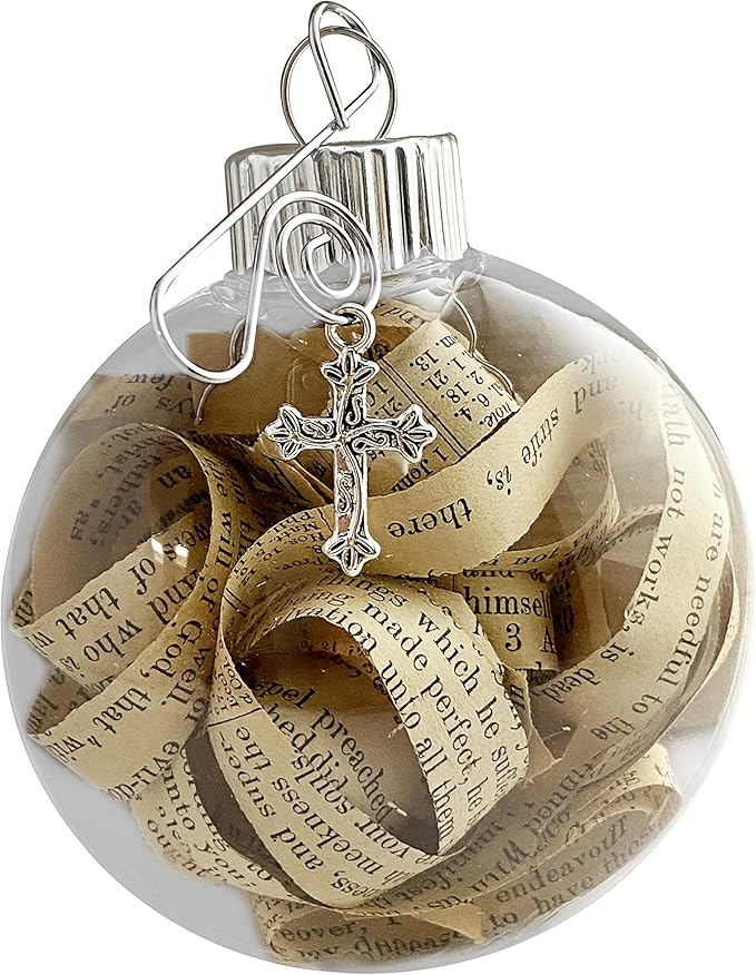Religious Rescued Antique Bible Pages Verses Strips Hanging Christmas Tree Ornament Beautiful Cross Charm Hanger and Faith Quote Card Shatterproof Round Disc for Best View (Pack of 5)