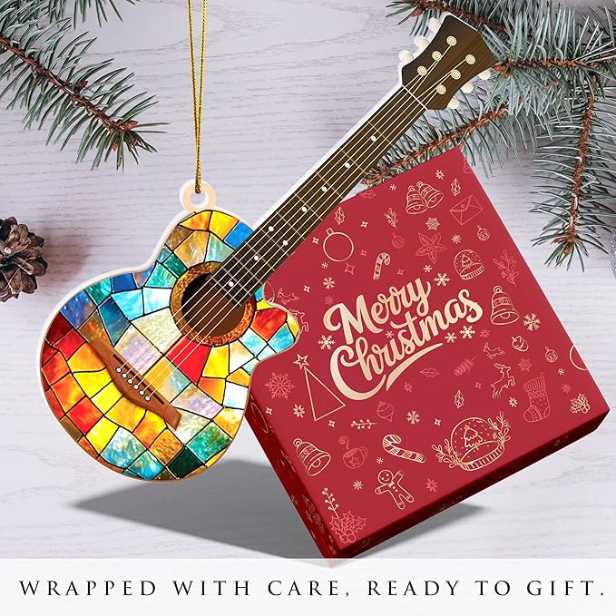 Acrylic Guitar Ornament, Double-Sided Stained Glass Style Music Ornament for Christmas Tree, Gift for Musicians, Guitar Players & Music Lovers, Holiday Decor with Suncatcher Effect