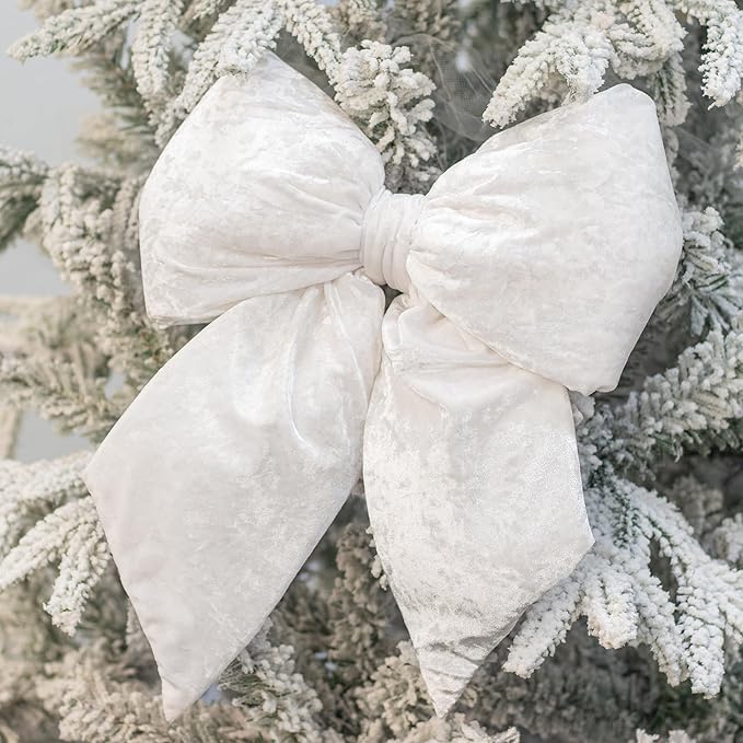 KI Store White Large Plush Velvet Bows Set of 2 12-Inch Christmas Bow Tree Topper for Christmas Tree Decoration Door Window Decor