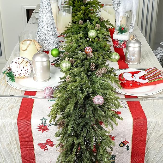 6FT Artificial Norfolk Pine Garland Includes 2 Red Bows, Real Touch Faux Greenery Garland for Home, Wedding, Party Decor - Mantle, Staircase, Indoor Outdoor