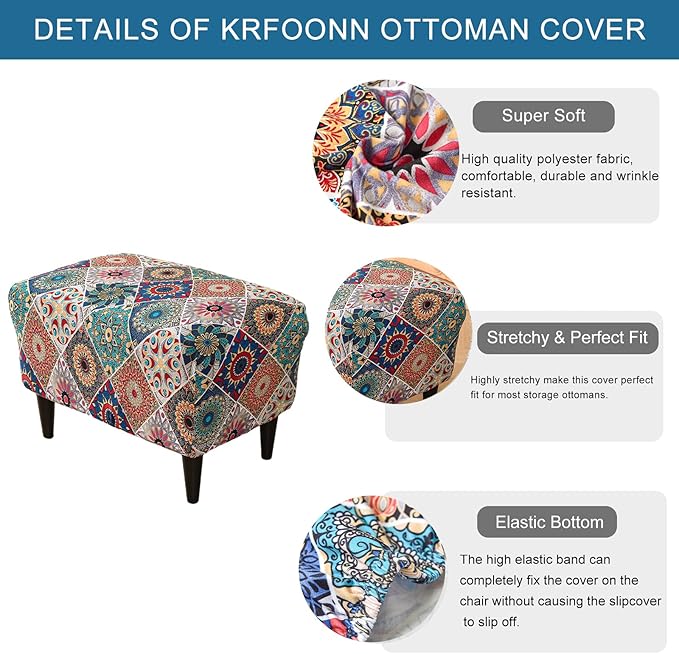 KRFOONN Ottoman Slipcovers Stretch Rectangle Footrest Stool Covers Printed Ottoman Cover for Foot Stool Furniture Protector with Non Slip Elastic Bottom(12, Large)