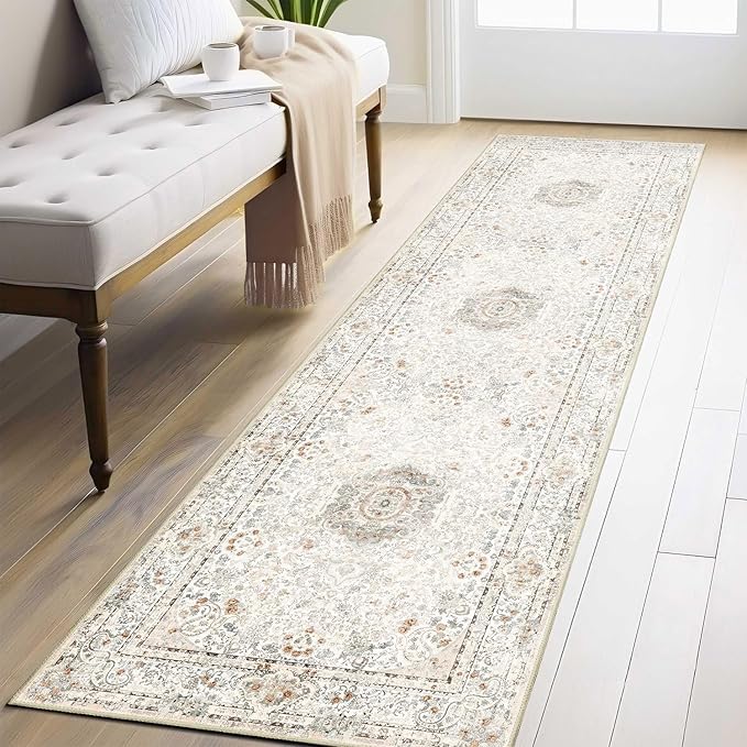 Washable Runner Rug 2x8,Boho Rug Runners Non Slip,Long Rugs for Hallways Kitchen Bedroom Entryway Living Room Bathroom,Vintage Bohemian Distressed Floor Carpet,Beige