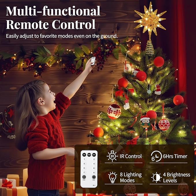 Lewondr Christmas Tree Topper, Plug in 3D Starburst Xmas Lighted Star Tree Topper, Remote Control & Timer Light Up Vintage Moravian Tree Topper for Christmas Decoraiton, Warm Light, Gold